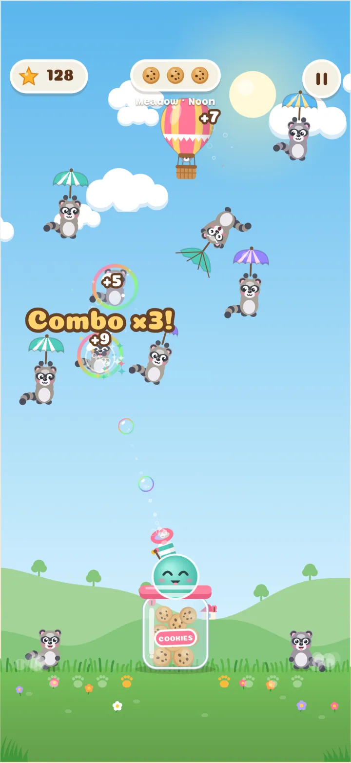 Raccoons floating down on umbrellas over the meadow