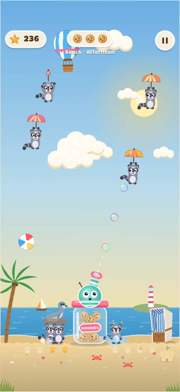 Surfing raccoons at the beach
